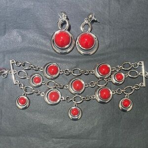 White House Black Market Silver Tone and Red Bracelet and Earrings